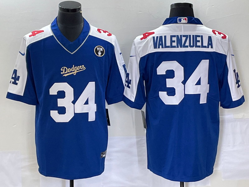 Men's Los Angeles Dodgers #34 Toro Valenzuela Blue Vin Scully Patch Stitched Jersey